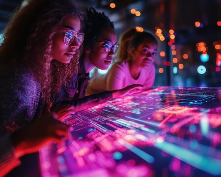 A diverse team brainstorming around a virtual 3D project model, technologyfocused, immersive digital interface, glowing futuristic colors