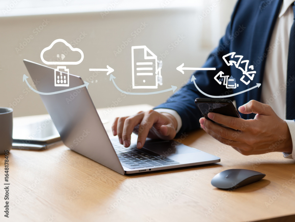 Poster seamless data transfer between devices a modern business concept illustrating cloud computing and fi