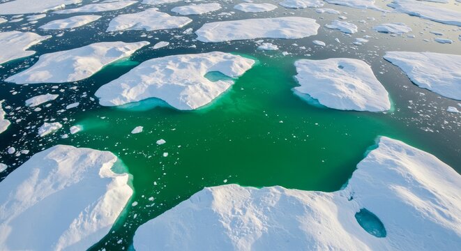 Aerial perspective showcasing vivid green meltwater pools amongst arctic ice floes