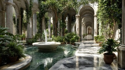 Fototapeta premium Courtyard Harmony: Fountains & Archways. The combination of stone architecture with lush greenery creates a tranquil escape.