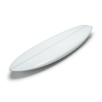 White glossy surfboard with wooden stringer line viewed from side angle, sleek profile of modern longboard surf equipment