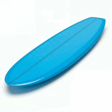 Bright cyan blue surfboard with wooden stringer line isolated on white, modern turquoise surf equipment for ocean sports