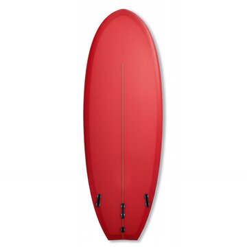 Red coral surfboard with wooden stringer viewed from bottom showing twin fin setup for retro style wave riding