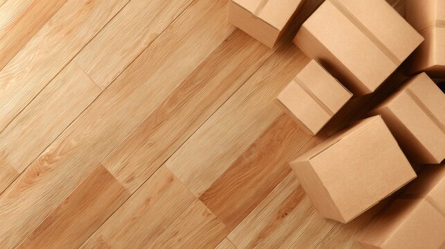 Cardboard box on wooden floor. Delivery service. Home moving concept pattern. Mail transportation. Relocation.