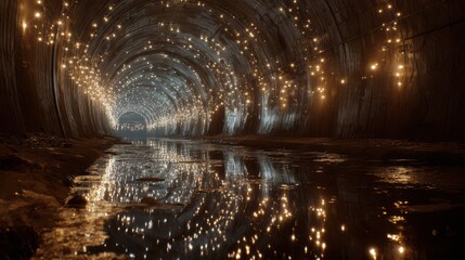 Obraz premium Illuminated Tunnel: A reflective water surface mirrors lights in an arched passage, creating a magical, enchanting subterranean scene.