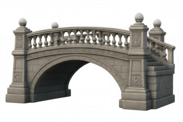 Vintage stone bridge featuring ornate balustrade, architectural detail against transparent backdrop, ideal for design rendering