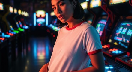 Fototapeta premium Young Woman Wearing White T Shirt Standing in Neon Lighted Arcade