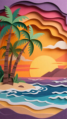 Obraz premium Paper art tropical island with palm trees, ocean waves, and sunset sky, layered paper cut style, vivid and warm colors