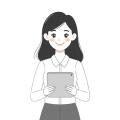 Cartoon Woman Holding Tablet Device, Smiling
