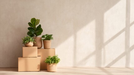 Cardboard boxes and potted plants in a new home. Moving and relocation concept for housewarming and residential advertisements.
