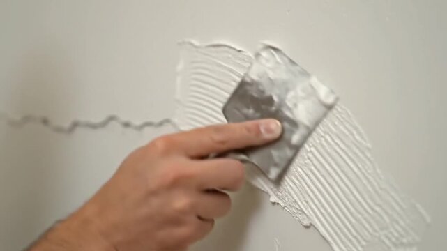 Dynamic CloseUp of a Spatula Spreading Textured White Spackle to Repair a Crack on a Wall.