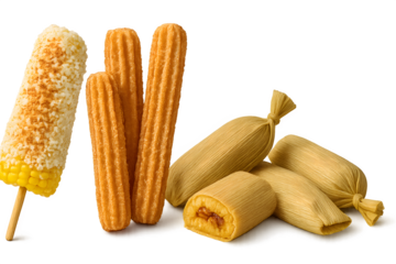 A corn on the cob is next to a corn dog, a corn roll, and a corn bun