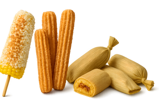 A corn on the cob is next to a corn dog, a corn roll, and a corn bun