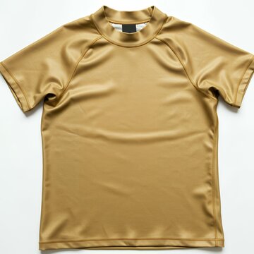 Tan gold short sleeve rash guard swim shirt flat lay on white background, athletic beachwear top with crew neck and visible label detail