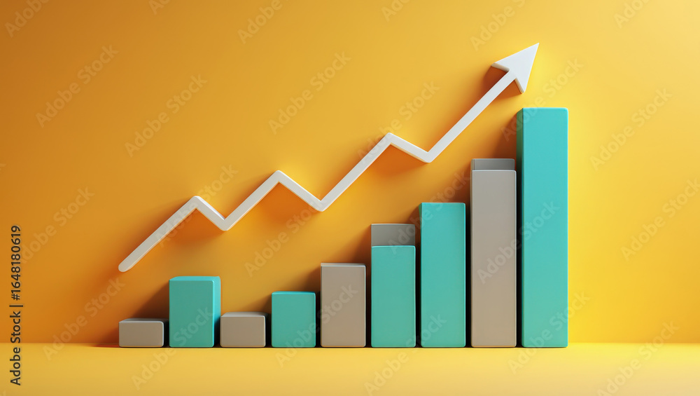 Poster visualizing business growth a dynamic bar graph with an upward trending arrow on a yellow background