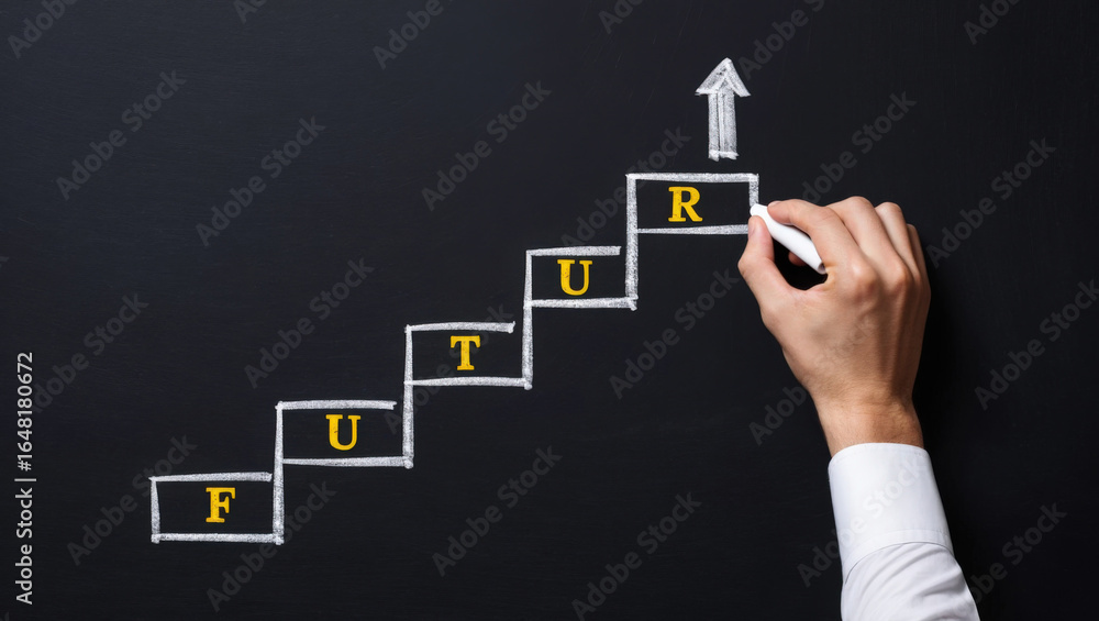 Poster building towards tomorrow a conceptual image of steps leading to the future with a hand drawing an a