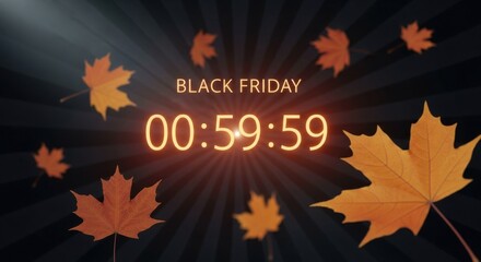 Black Friday Countdown Timer with Autumn Maple Leaves in Dark Background