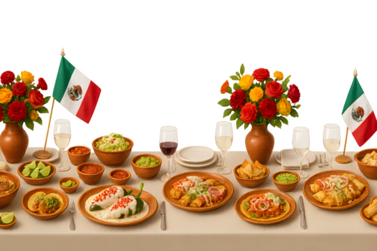 A table with Mexican food and a flag in the background