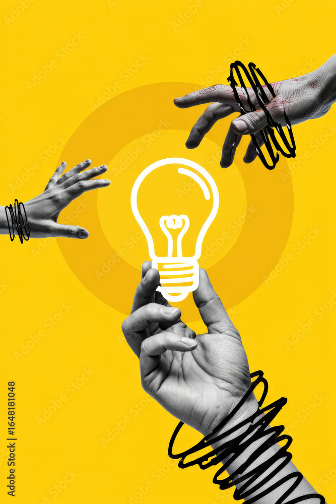 Aufkleber conceptual image of hands reaching for a light bulb symbolizing idea generation and innovation on a 