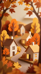 Paper art scene of a cozy village in autumn, layered paper cut houses, trees with orange and yellow leaves, warm lighting, depth and texture
