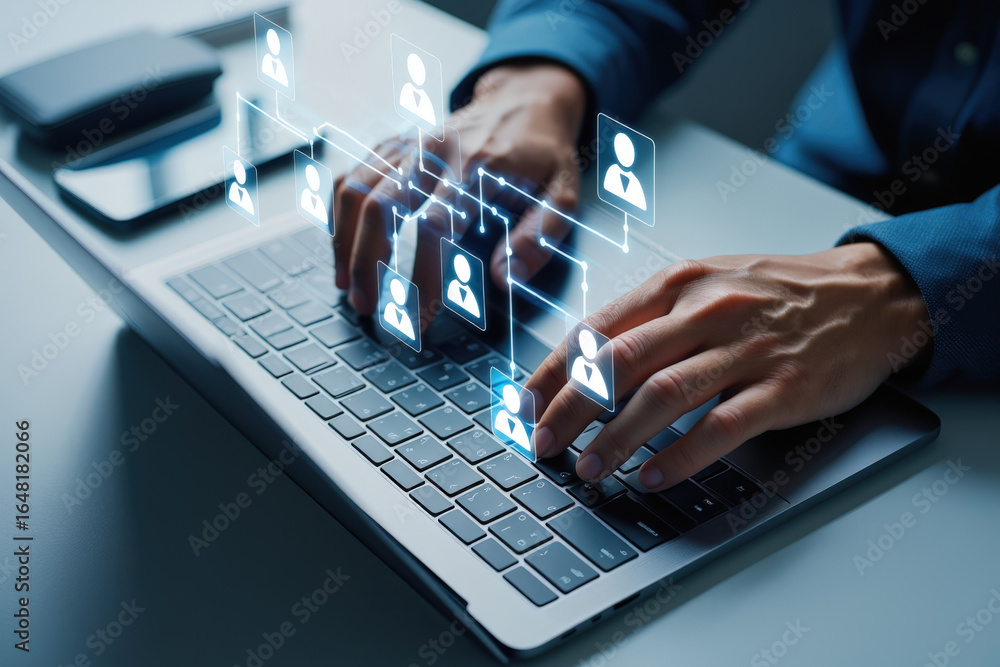 Poster close-up of hands typing on a laptop with a network of connected user icons overlayed, illustrating 