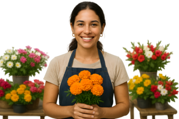 A woman is holding a bouquet of orange flowers and smiling