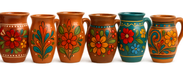 A row of colorful vases with flowers painted on them