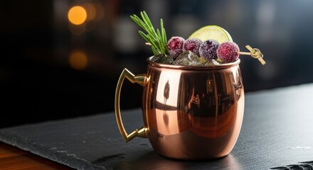 Copper Mug with Cranberries Lime and Rosemary Garnish on Dark Surface