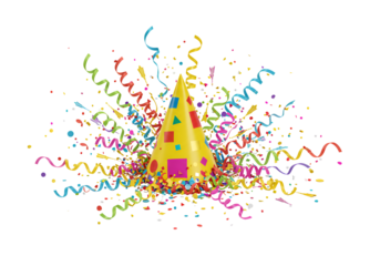 Celebration with colorful party hat and streamers on black background