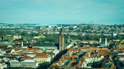 Obraz premium View from Marienberg Fortress with sunset over the river Main and the streets from Würzburg in Germany