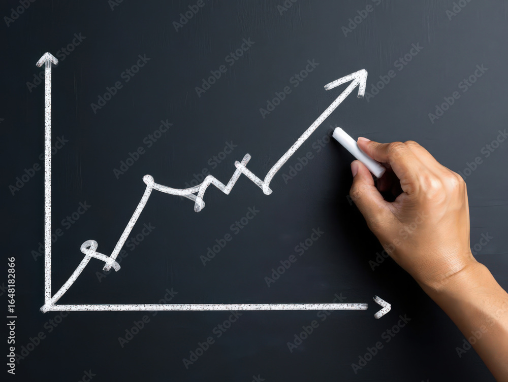 Poster visualizing growth a hand drawing an upward trending graph on a chalkboard representing progress suc