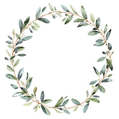 Delicate botanical watercolor wreath design featuring fresh green olive leaves and branches, ideal for elegant invitations.
