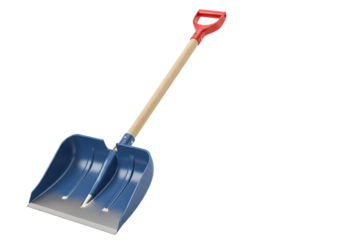 Childrens blue plastic snow shovel with wooden handle and red grip for winter fun and snow removal