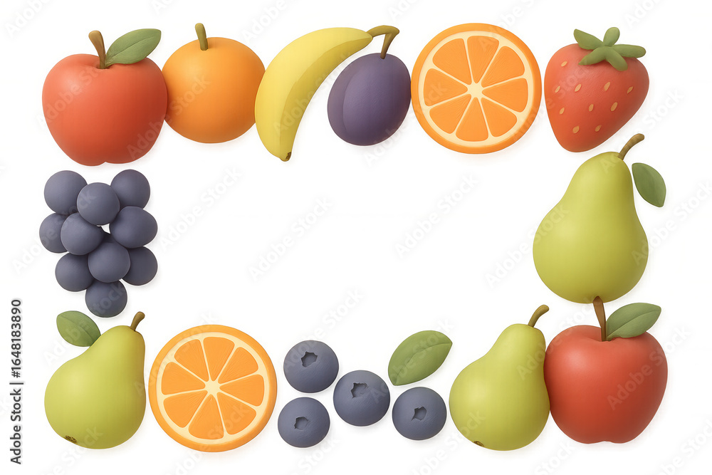 Poster rectangular frame featuring colorful 3d fruits, displaying appetizing arrangement against transparen