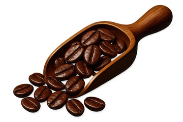 Fototapeta premium Coffee beans cascading from rustic wooden scoop, dramatic falling motion against translucent backdrop highlighting rich brown roasted kernels