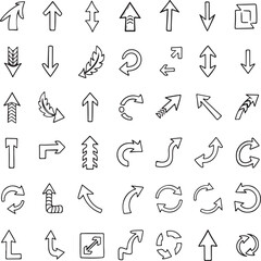 Hand-drawn arrow illustration, a collection of various pointing directions and styles on a white background