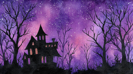 Halloween night watercolor backdrop with haunted house silhouettes purple sky glowing windows and soft blending edges creating spooky atmospheric scene