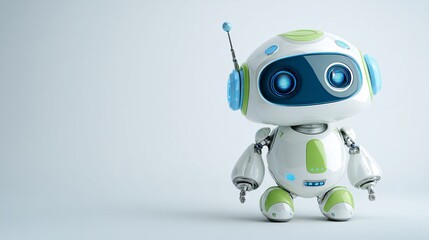 Cute robot character stands with a friendly expression and futuristic design.