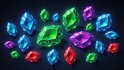 Ok Cartoon illustration featuring a vibrant fantasy-inspired set of colorful gemstones diamonds sapphires emeralds and rubies