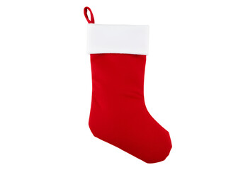 Christmas holiday red sock with white cuff and loop hanging against black background suitable for