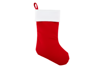 Christmas holiday red sock with white cuff and loop hanging against black background suitable for