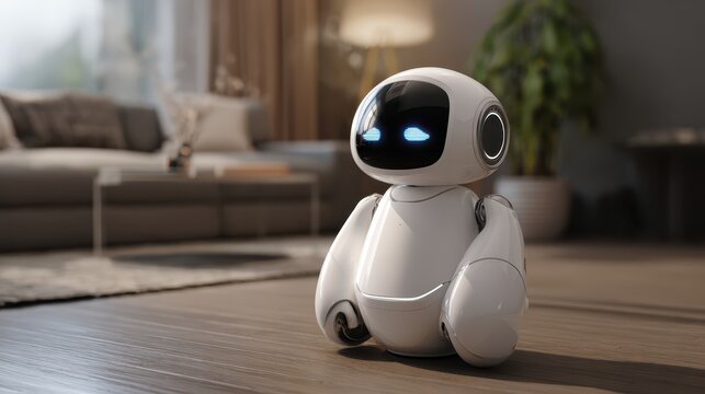 A friendly-looking robot stands on a wooden floor, with a sofa and plant in the background. A helpful home companion of the future. 