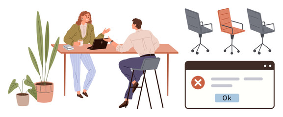 Two people at a table with a laptop and coffee, discussing work. Browser error message, plants, and office chairs. Ideal for teamwork, communication, problem-solving, office setups troubleshooting