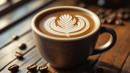 Close-up of a latte art design in a ceramic mug.