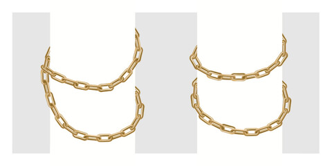 Chain wrapped around bondage, 3d golden jewelry bracelet necklace. Strong gold silver rings connected hanging on pillar. Locked round border for blocked content. Secret item, high risk closed concept