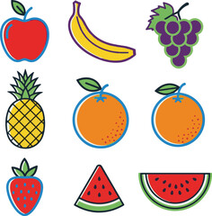 Colorful fruit icons isolated on white background, apple, banana, grape, pineapple, oranges, strawberry, watermelon illustration