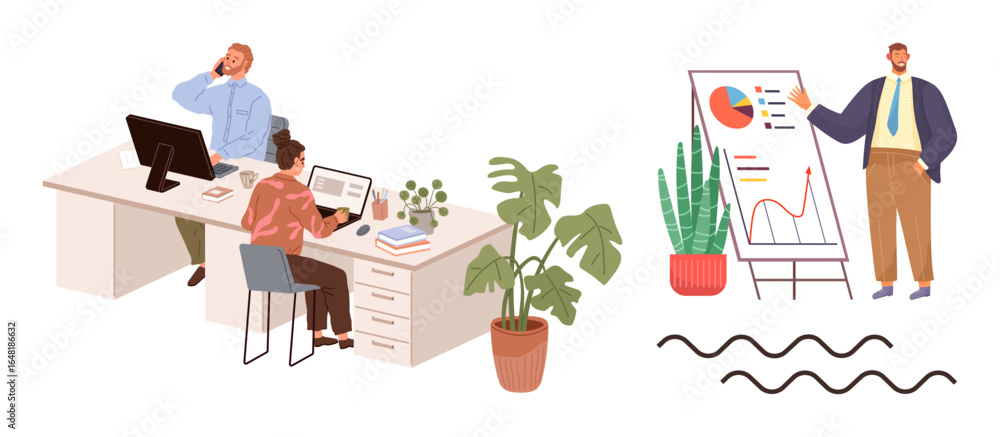 Poster office scene with workers at desks using computers, plants, presenter with chart. ideal for teamwork
