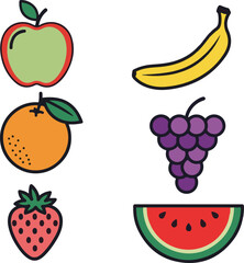 Colorful Fruit Illustration: Apple, Banana, Orange, Grapes, Strawberry, Watermelon Vector Icons