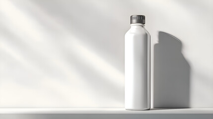 White plastic bottle with gray cap casting shadow on white background