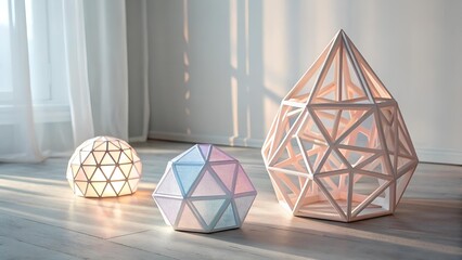 Geometric lamps on a wooden floor, modern interior lighting design
